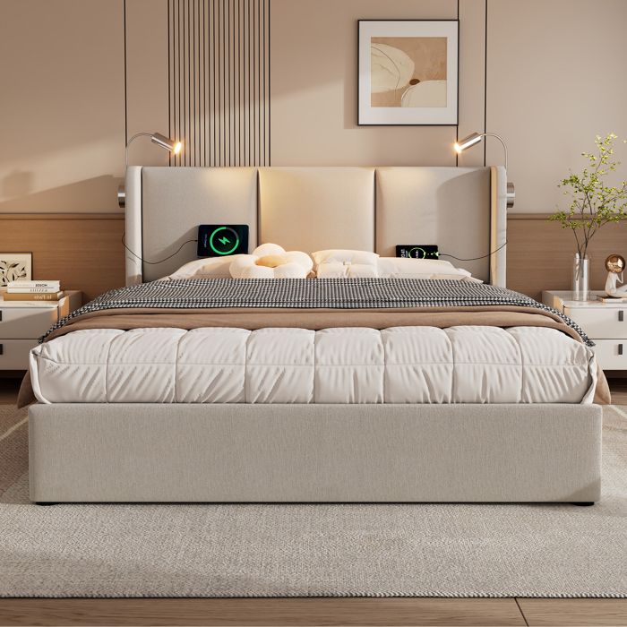 Lit - KOMHTOM - 140x200 - Rembourré beige - Coffre de rangement - Tête de lit LED avec port USB Lit - KOMHTOM - 140x200 - Rembourré beige - Coffre de rangement - Tête de lit LED avec port USB