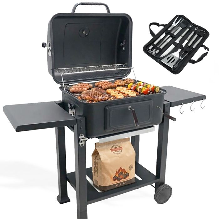 Barbecue Charbon de Bois avec Couvercle Grille de Cuisson XL 54x43 cm