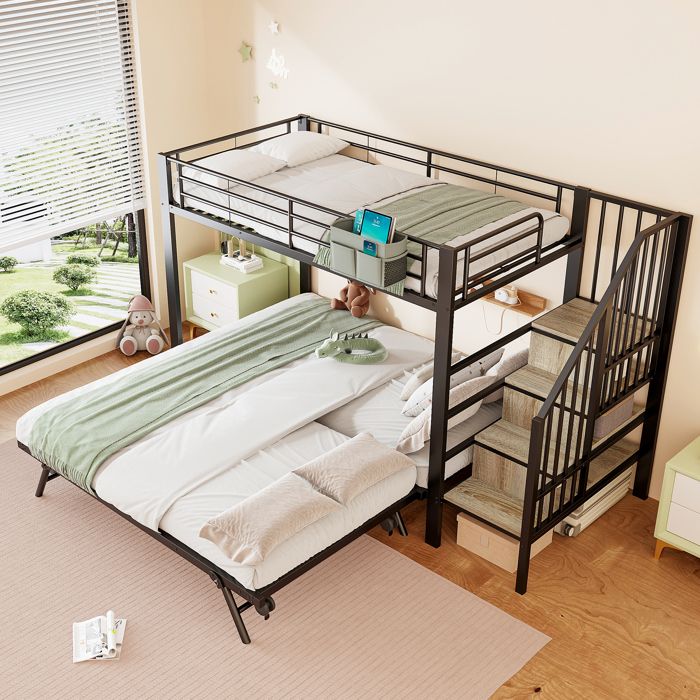 Lit superposé enfant 90×200 cm escalier rangement et couchage extensible 180×200 cm - YEAVIO - sans matelas métal - noir