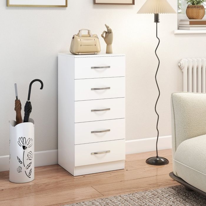 Commode à 5 tiroirs meuble de rangement pour vêtements et ustensiles panneaux de particules blanc
