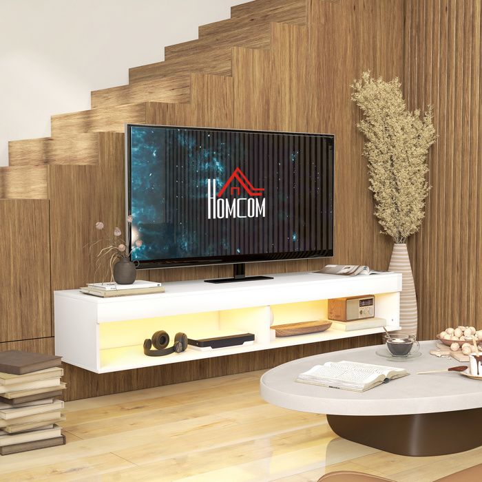 MOTHINESSTO2471-Meuble TV suspendu mural avec éclairage LED pour téléviseurs jusquà 75 pouces étagères 180L x 40l x 30H cm blanc