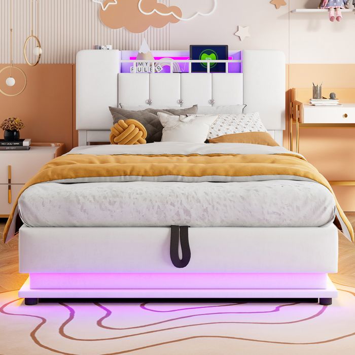 Lit Rembourre Enfant avec LED USB Prise et Coffre Hydraulique - ELVMI - en Velours Beige 90 × 200 cm