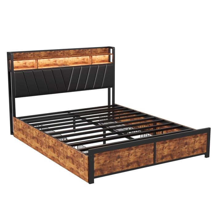 Lit double 180x200 cm lit adulte avec tête de lit et sommier à lattes en métal 4 tioirs et port chargement noir Lit double 180x200 cm lit adulte avec tête de lit et sommier à lattes en métal 4 tioirs et port chargement noir