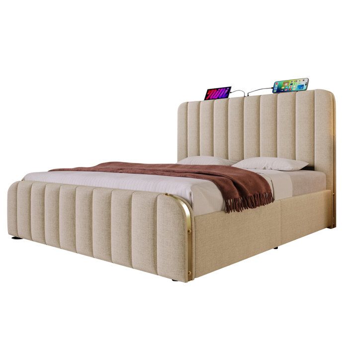 Lit double 140x190 cm beige tête de lit rembourrée avec décor doré rangement hydraulique et USB Type-C supporte 181 kg
