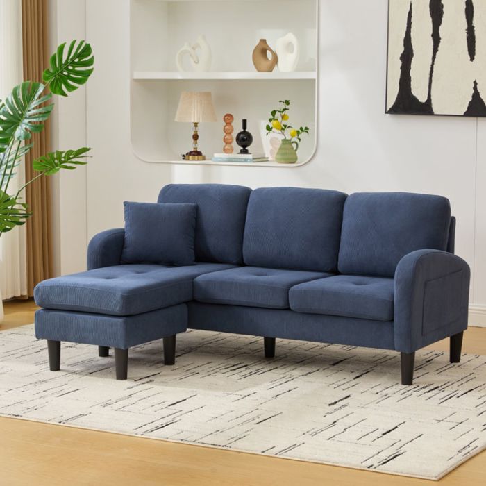 Canapé dangle 3 places (chaiselongue) - MINIMAL - Modulaire - Velours côtelé bleu - Angle réversible - 166x118x77 cm Canapé dangle 3 places (chaiselongue) - MINIMAL - Modulaire - Velours côtelé bleu - Angle réversible - 166x118x77 cm