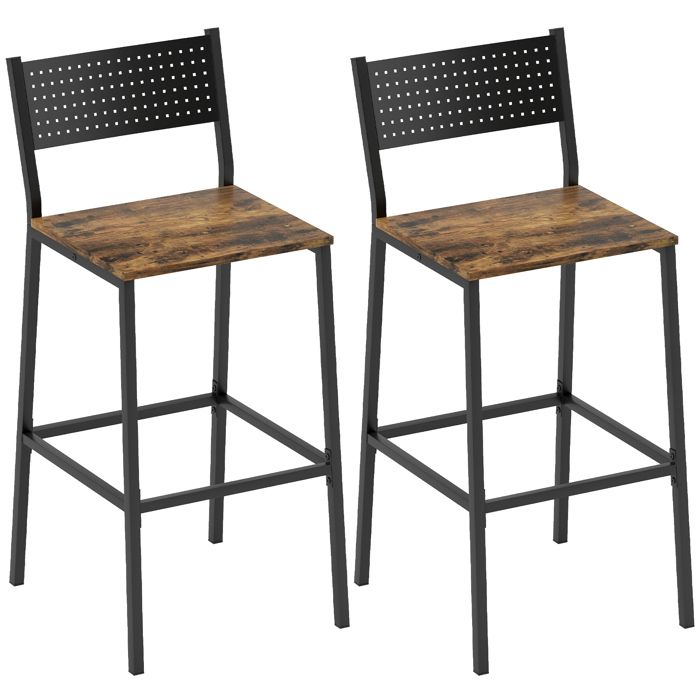 Lot de 2 tabourets de bar - HOMCOM - assise 725H cm dossier et repose-pieds - pieds en métal - 432x505x978cm - brun rustique