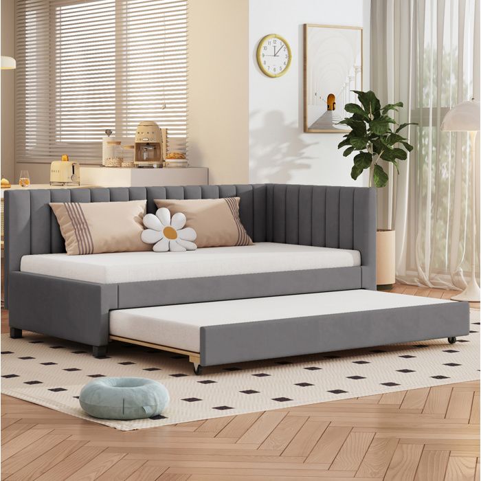 Lit gigogne – lit banquette en velours gris – sommier a lattes – 90 x 200 cm