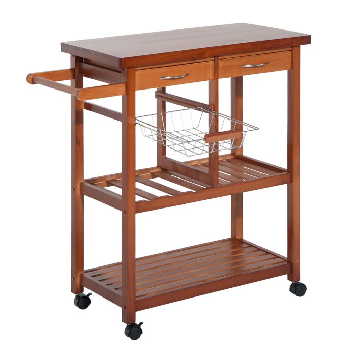 Desserte de cuisine en bois avec porte-bouteilles panier 2 étagères 2 tiroirs en pin durable facile à utiliser et polyv