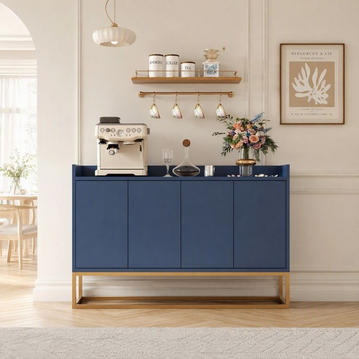 Buffet Bas Bleu Marine à 4 Portes Meuble de Rangement avec Pieds en Métal Doré Convient pour Salon Entrée Salle à Manger