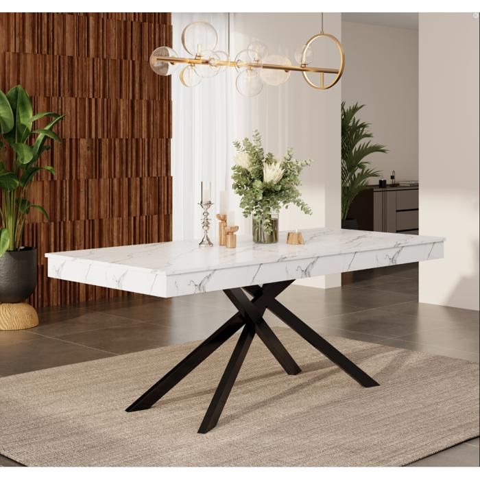 Table à manger extensible rectangulaire 140-180 x 80 x 76 cm - 6 à 8 personnes - plateau MDF effet marbre - pieds métal - blanc