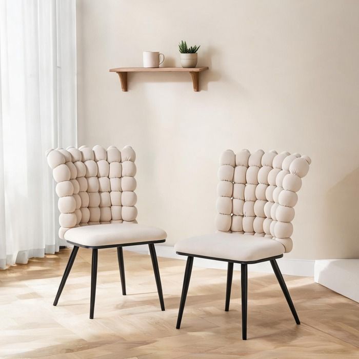 Lot de 2 chaises de salle à manger design moderne – Velours blanc cassé piètement métal noir dossier sphères style scandinave