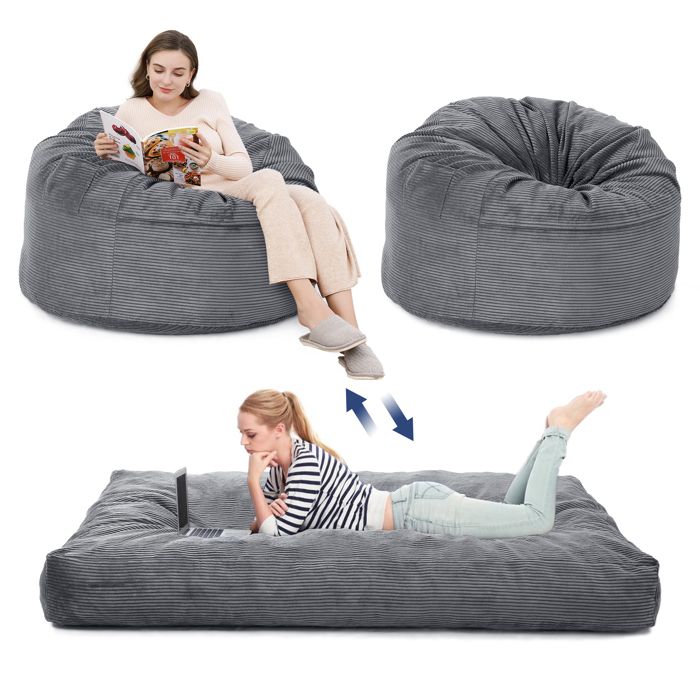 Fauteuil Gonflable XXL Convertible en Lit 190x135 cm Housse Lavable Mousse Haute Densité Pochette Intégrée Gris Clair