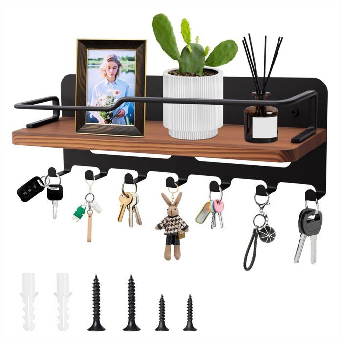 Pte-Clés Mural en Bois avec 7 Crochets Pte-Clés Décatif Pte-clés en Bois avec Étagère ganiseur pour Entrée Couloir PORTE-MANTEAU