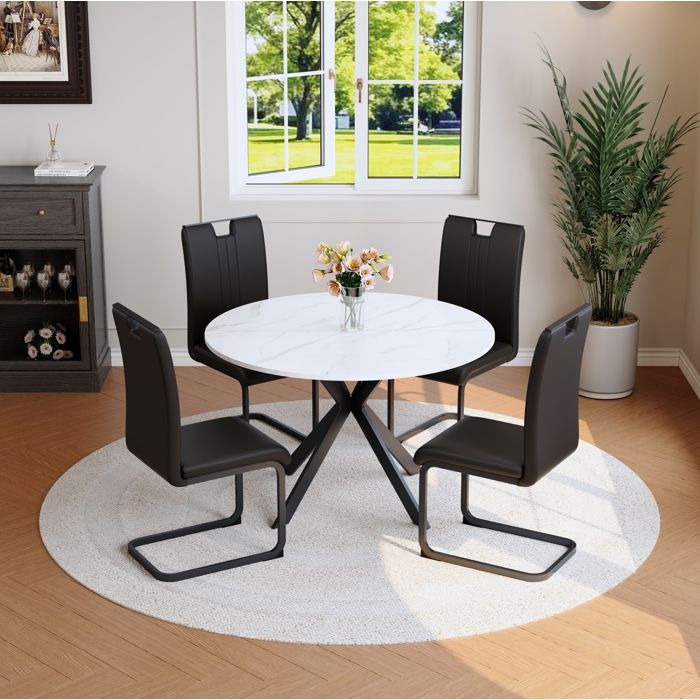 Ensemble Table et Chaises de Cuisine 2 Personnes Table Ronde et 2 Chaises Noires - ELVMI - Aspect Marbre Métal