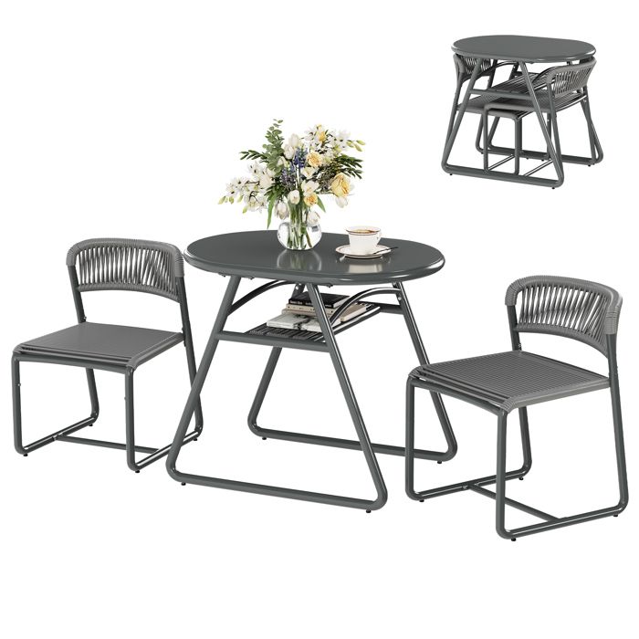 Table ronde 80 cm avec étagère + 2 chaises empilables fer & corde PE ergonomiques anti-corrosion protection UV Gris