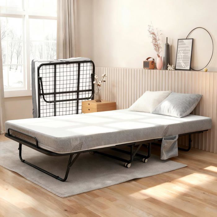 Lit pliant 1 personne 190x96 cm matelas mousse mémoire 10 cm pour adulte avec roulettes pour invités maison ou bureau