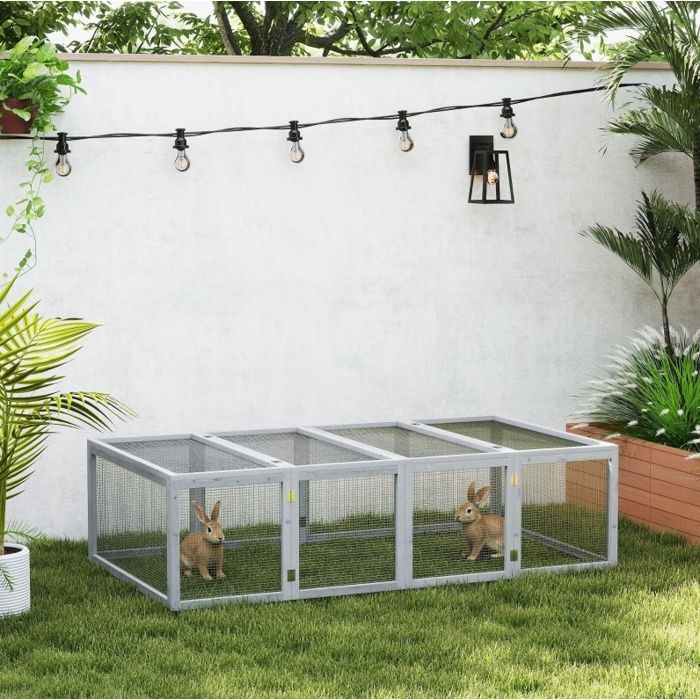 Enclos Petits Animaux Bois Gris Cage D Exterieur FloraGrace Pour Cobaye Avec 2 Couvercles Ouvrants 181x100x48cm