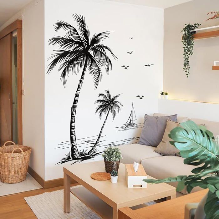 Sticker mural palmiers noir et bnc (94 x 108 cm) I Sticker mural vintage salon moderne arbre tropical No OBJET DE DECORATION MURALE