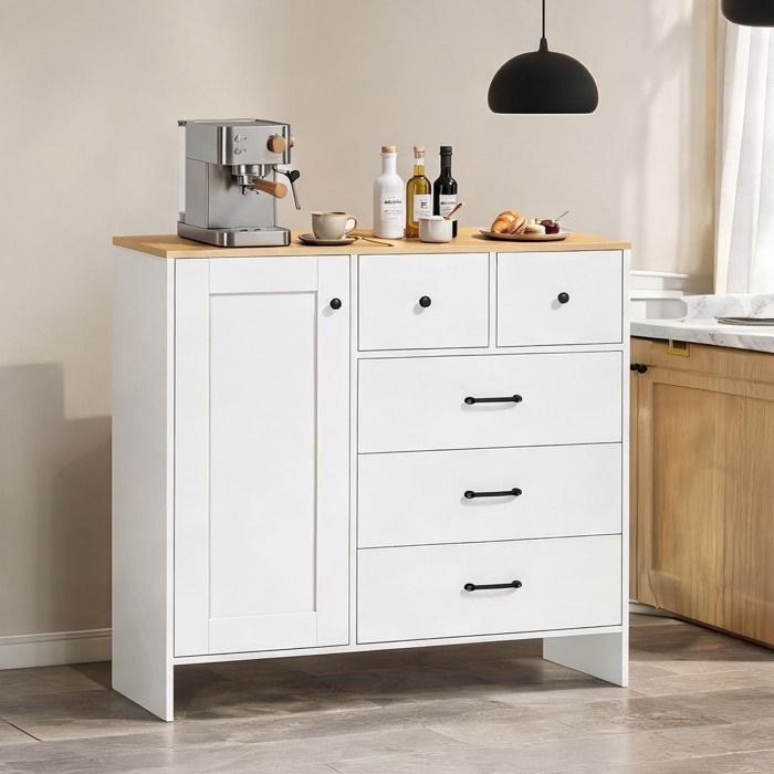 Buffet de cuisine blanc style campagne 100x40x94 cm 5 tiroirs et placard panneau de particules MDF