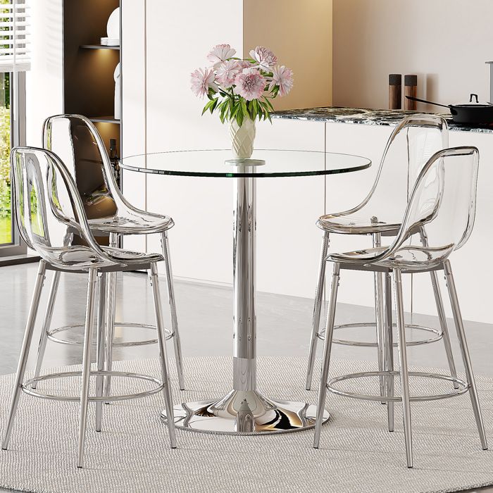 Ensemble table et chaises avec 1 table haute et 4 tabourets de bar - HAVRYA - Verre métal et plastique - Argent et transparent