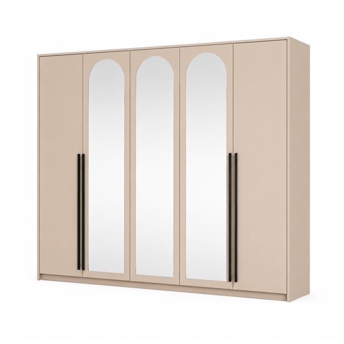 Armoire-penderie - 3XE LIVING - LUCA - Beige sable - 255 x 65 x 217 2 cm - 5 portes 3 miroirs