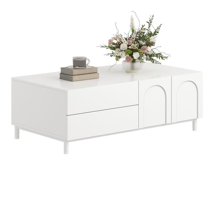 Table basse rectangulaire 100 x 50 x 395 cm blanche en panneaux de particules et MDF avec 2 tiroirs et 2 portes pour salon