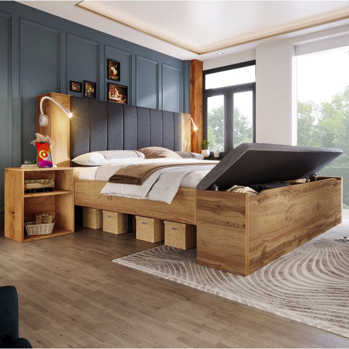 Lit double 180 x 200 cm AESVAR avec sommier à lattes 2 tables de chevet banc coffre lampes USB chêne et gris