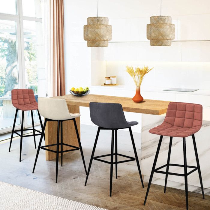 Lot de 4 tabourets de bar MADY en velours mix color gris foncé terracotta x2 beige Lot de 4 tabourets de bar MADY en velours mix color gris foncé terracotta x2 beige