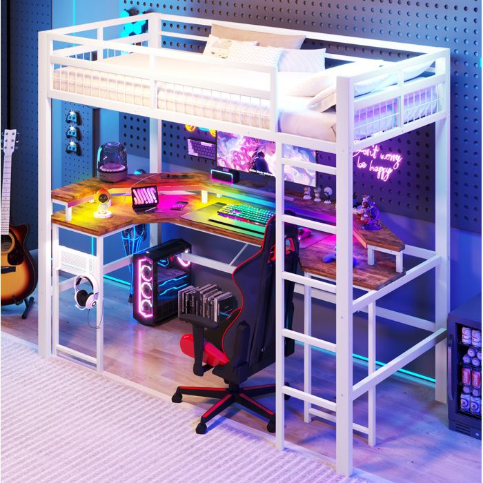 Lit mezzanine 90x200 cm avec bureau intégré LED multicolore port USB Type-C prises pegboard blanc JOINERY