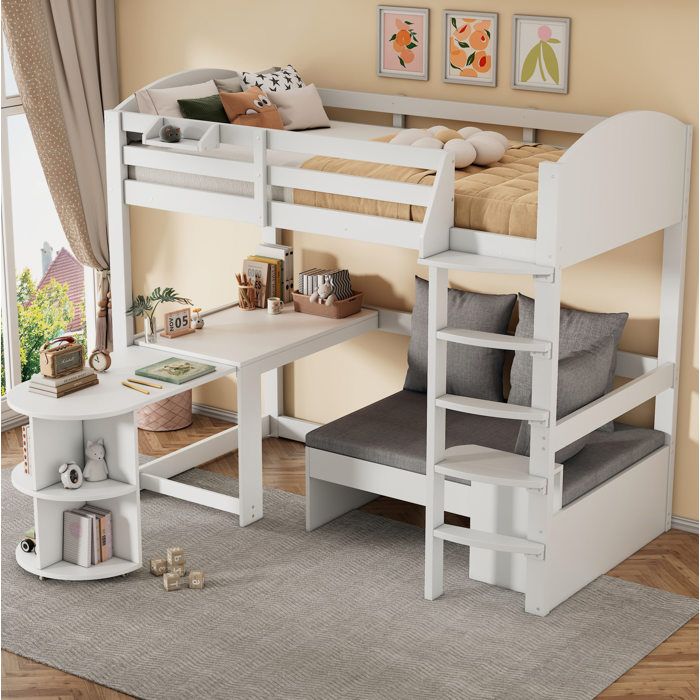 Lit mezzanine enfant multifonction 90x200 cm avec bureau coulissant canapé de rangement échelle et étagères blanc VEVXYN