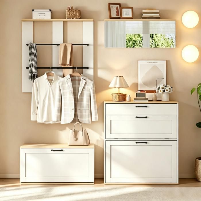 Ensemble de vestiaire multifonction avec miroir tiroir meuble à chaussures avec banc porte‑chapeau 156x36x176cm blanc aspect bois