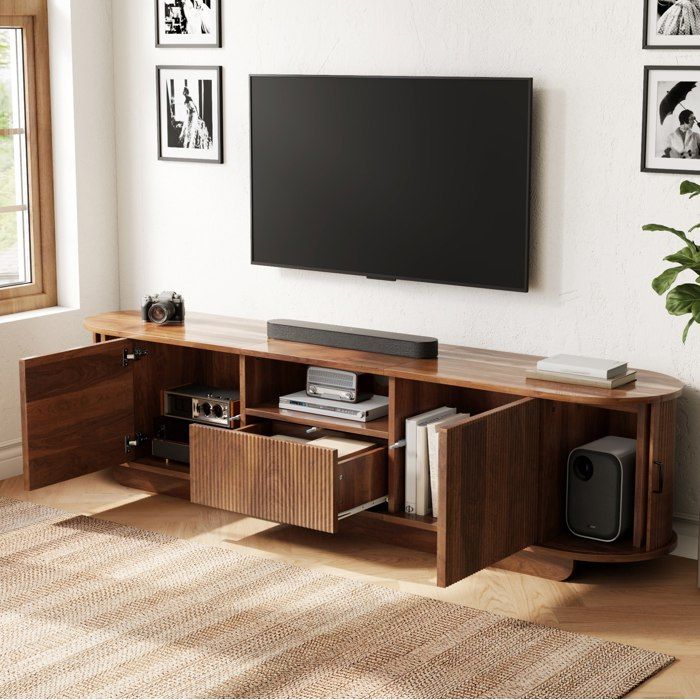 Meuble TV 180 Cm En Noyer Banc TV Design FloraGrace Pour Salon Avec Portes Coulissantes Et Rangement 180x40x50cm