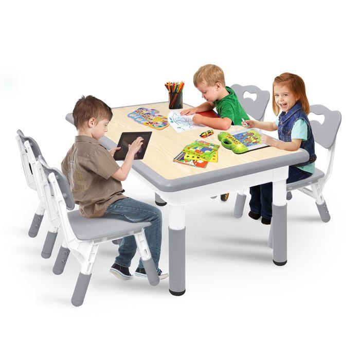 Table enfant avec lot de 4 chaises - Hauteur réglable 120 x 60 cm - Plastique gris - 2 à 10 ans - Salle de jeux et chambre