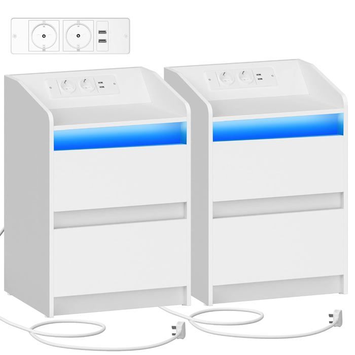 Table de chevet LED avec multiprise intégrée - 2 tiroirs 2 ports USB 2 prises de courant et lampe de chevet panneau de particules