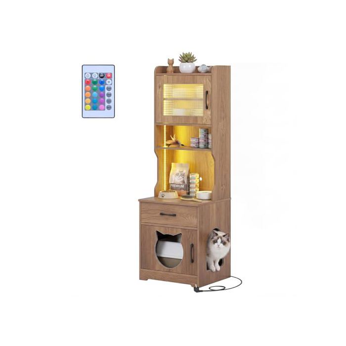 Meuble Litiere Chat avec Meuble de Rangement Éclairage LED Ajustable Maison pour Chat Station de Charge Étagères Tiroir Buffet