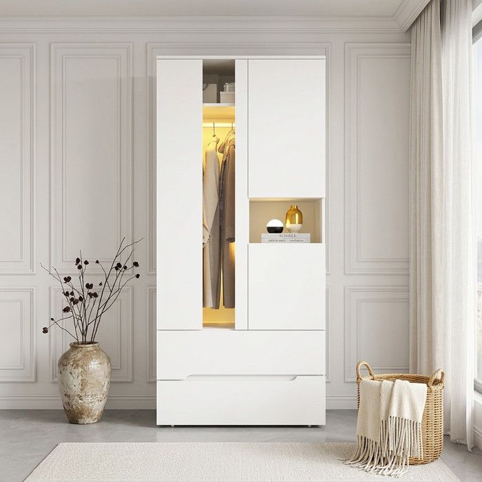 LEMLIT Armoire de Chambre 90 x 50 x 200 cm avec Éclairage LED 3 Portes 1 Penderie 2 Tiroirs 6 Compartiments Blanc