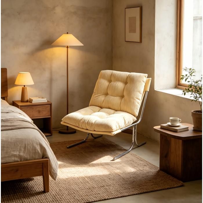 COVREO Fauteuil lounge style Barcelone en velours côtelé crème pieds en métal chromé 72 2 x 84 1 x 84 6 cm