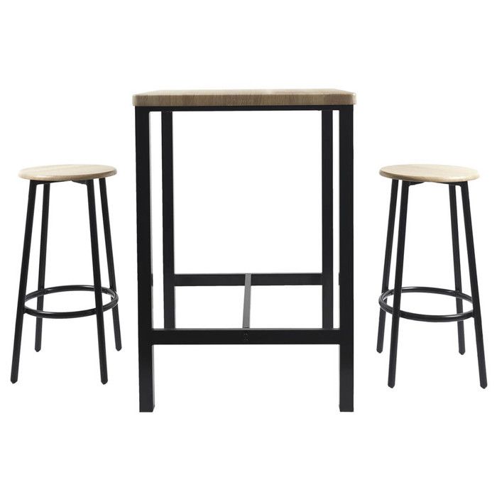 CORTEZ - Ensemble Table Haute et 2 Tabourets en MDF et Pieds Métal Noir