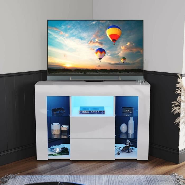 meuble tv d'angle led meuble bahut moderne avec 9 espaces de rangement, blanc,100 x40x 68 cm