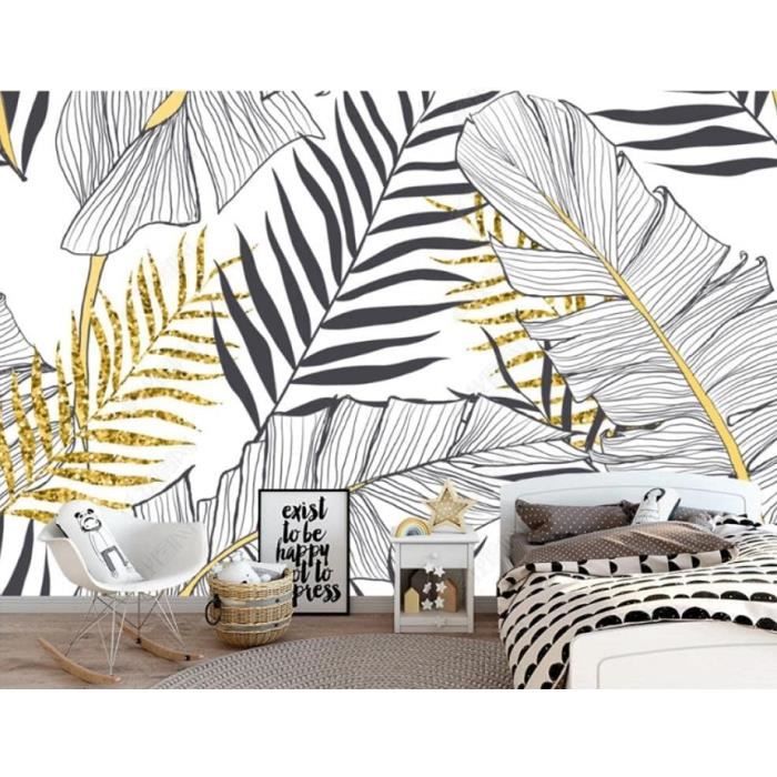 Papier Peint Panoramique 3D Art De Feuille De Plante D'Or Noir Et Blanc ...
