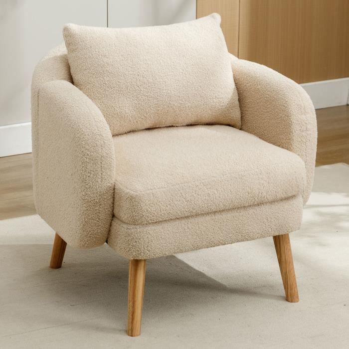 Fauteuil - Scandinave Moderne - Beige - Grand coussin démontable - Pieds en bois massif