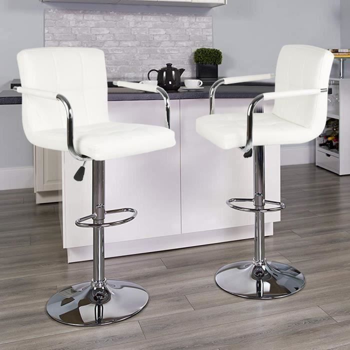 lot de 2 tabourets de bar haut chaise de bar avec accoudoirs hauteur réglable  60-80cm assis rembourré blanc
