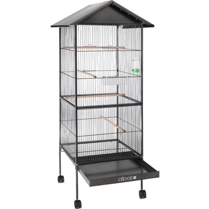 Meilleurs prix pour Cadoca volière avec toit 130x52x52cm tiroir à sable Intérieur Extérieur Cage à oiseaux Volière avec accessoires Roulettes
