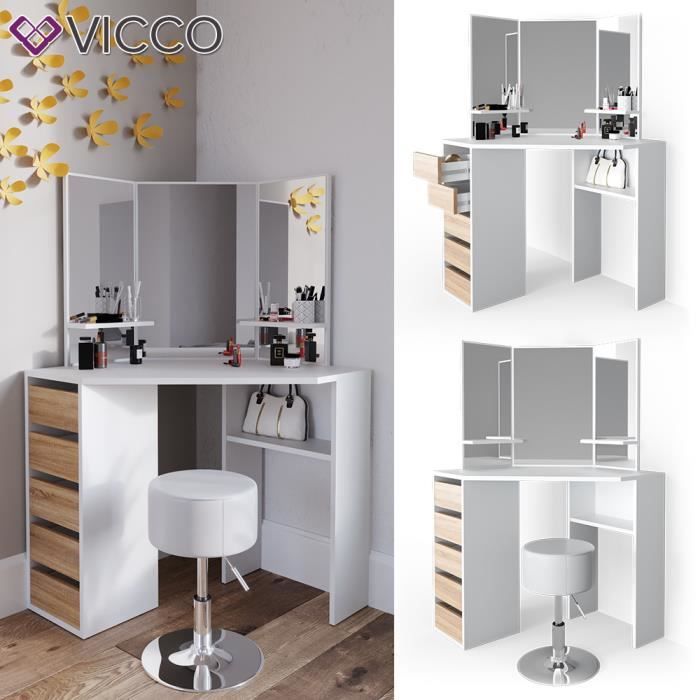 Ensemble Coiffeuse Conrada Vicco – Blanc Sonoma – Miroir + Tabouret + 4 Tiroirs