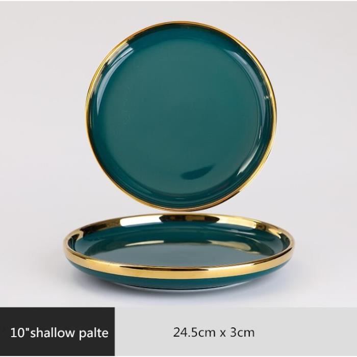 plats et assiettes,assiette en céramique verte à bord doré,vaisselle en porcelaine haut de gamme - type 10inch shallow plate