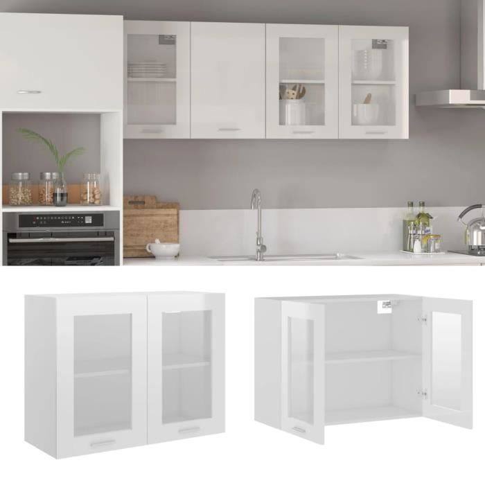 meuble haut cuisine - bonne qualité(8720) - armoire suspendue en verre - blanc brillant - aggloméré