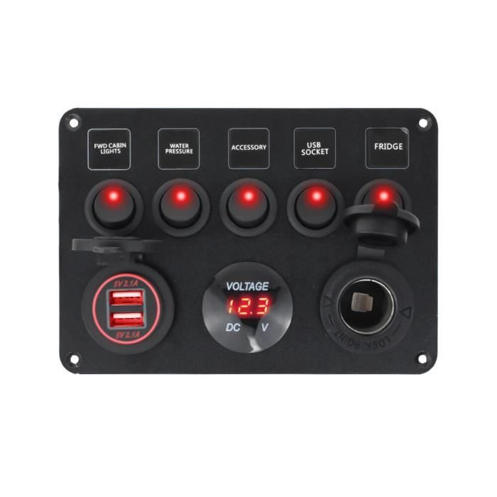 Panneau De Commutation 5 Interrupteurs LED Avec Voltmètre & 2 Ports USB 12V/24V - IP68 - Pour Camping-car, Bateau, Utilitaire