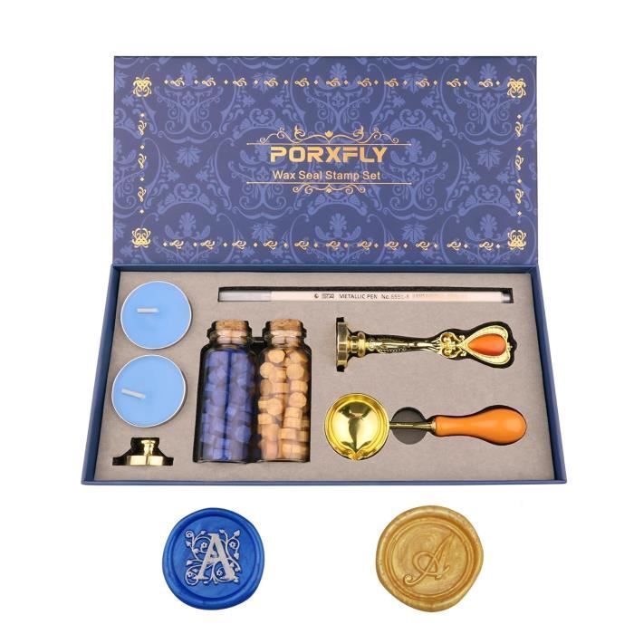 PORXFLY Kit Tampons De Cire Lettre L - Ensemble Complet Avec Perles Or Et Bleu, Boîte Cadeau Vintage