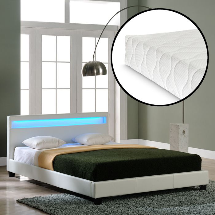 Lit capitonné à LED Corium (Paris) avec matelas (180x200cm)(blanc)(mousse froide) - avec cuir synthétique - housse en cuir