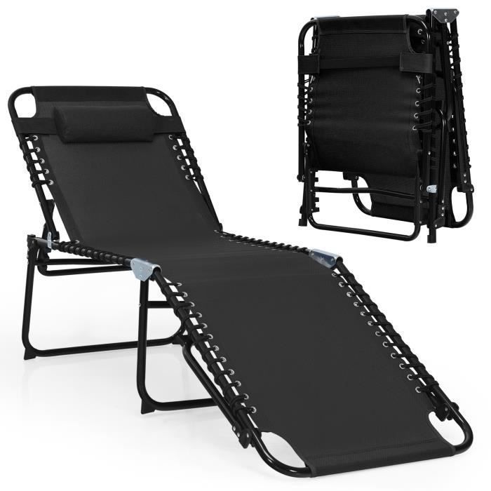 COSTWAY Chaise Longue Pliante avec Appuie-tête Amovible Dossier Réglable à 4 Positions Acier Antirouille pour Camping Terrasse COSTWAY Chaise Longue Pliante avec Appuie-tête Amovible Dossier Réglable à 4 Positions Acier Antirouille pour Camping Terrasse